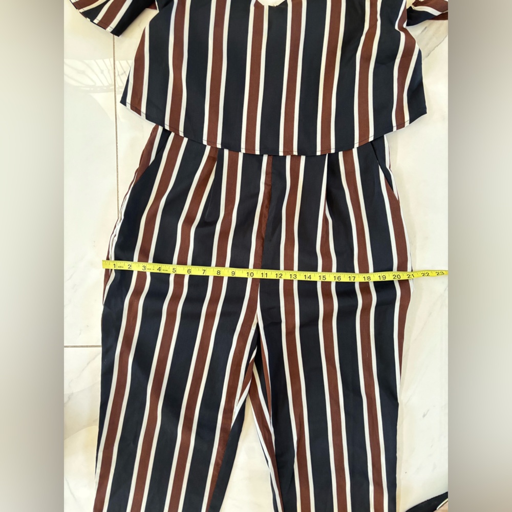 SHEIN Off-Shoulder Striped Jumpsuit in Black White & Brown - Picture 13 of 16